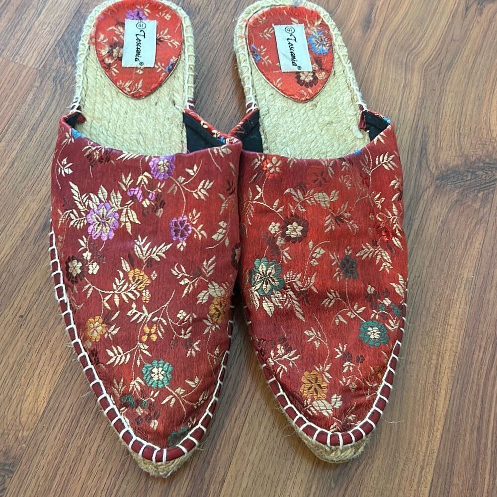 Toscania Silk Red Chinese Style Mules Espadrilles Size 41